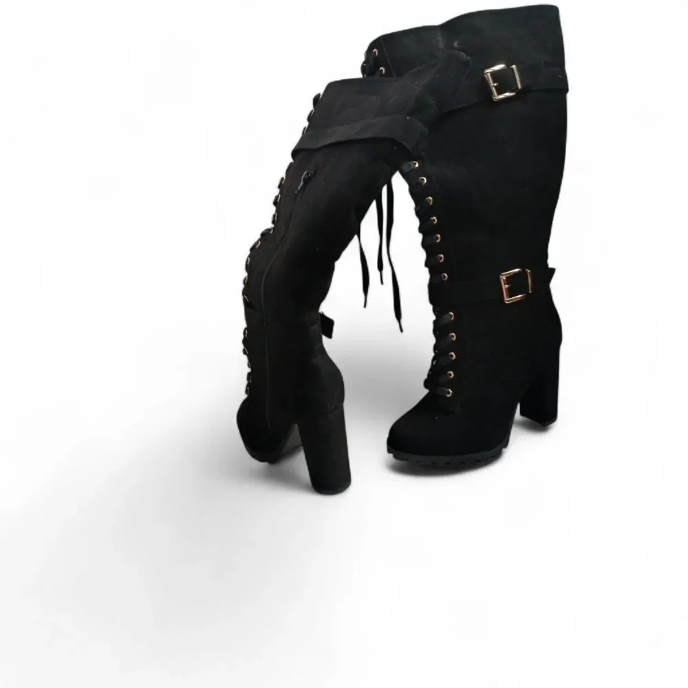 Black Knee High Lace Up Heeled Boots Buckle Detail Women’s ShoeDazzle 9